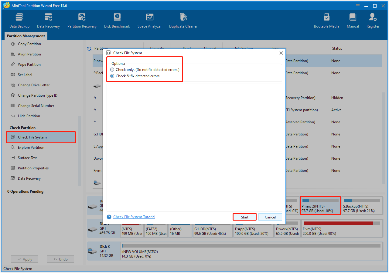 The Check File System interface in MiniTool Partition Wizard shows two available scan options.