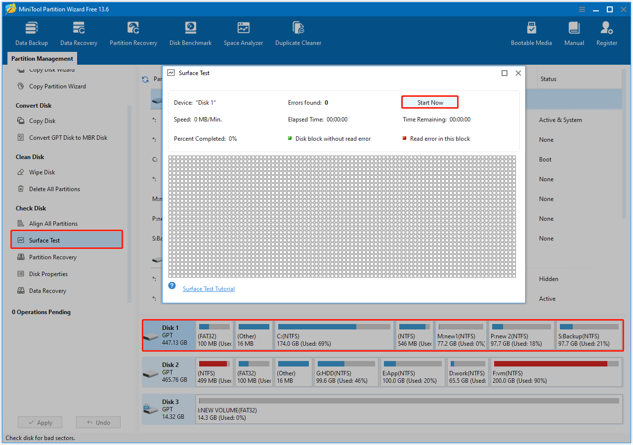 MiniTool Partition Wizard Surface Test interface showing the highlighted Start Now button.
