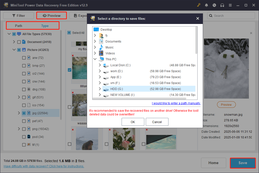 MiniTool Power Data Recovery interface with the Path, Type, Preview, and Save buttons highlighted.