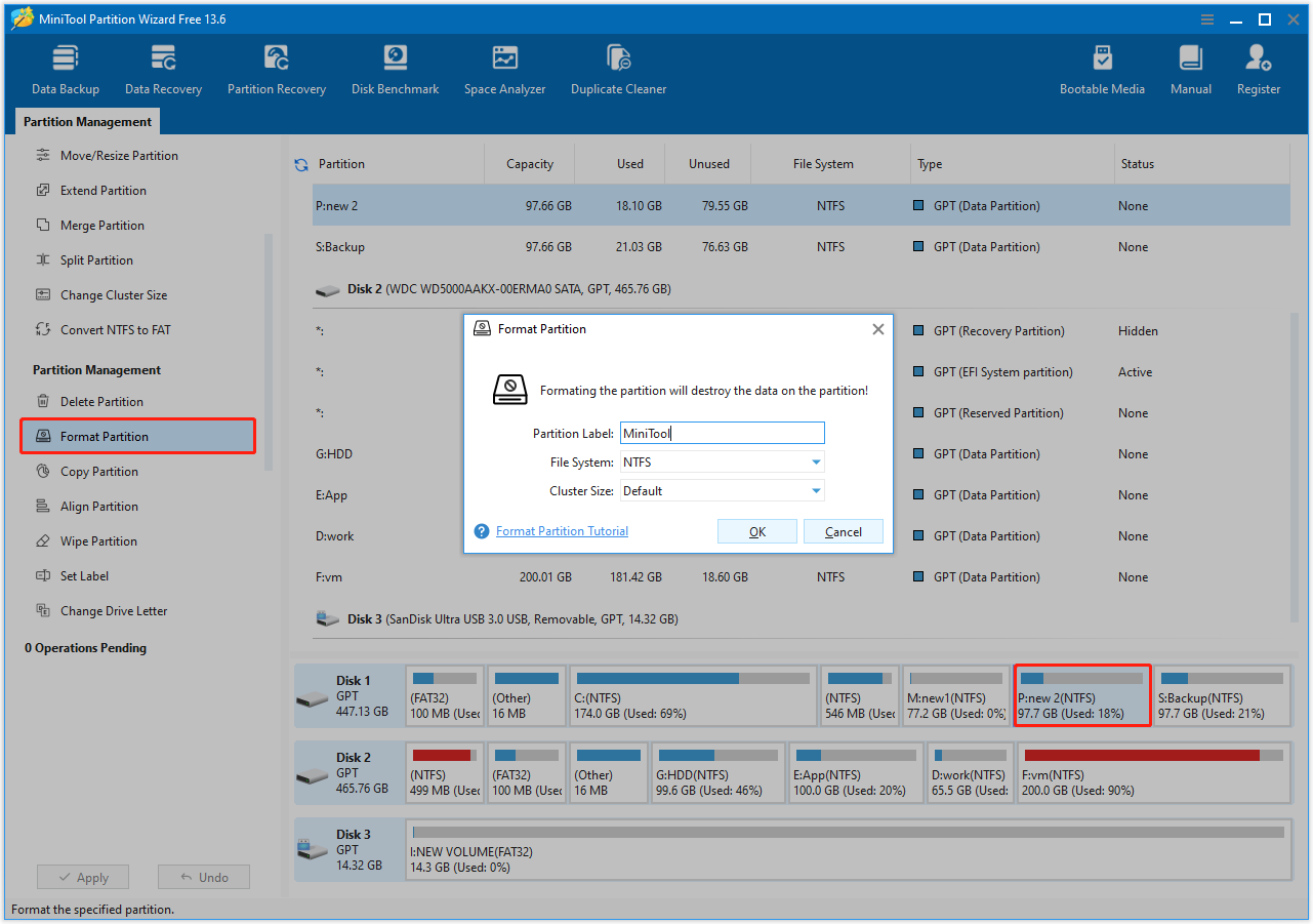 MiniTool Partition Wizard Format Partition interface showing the file system selection box.