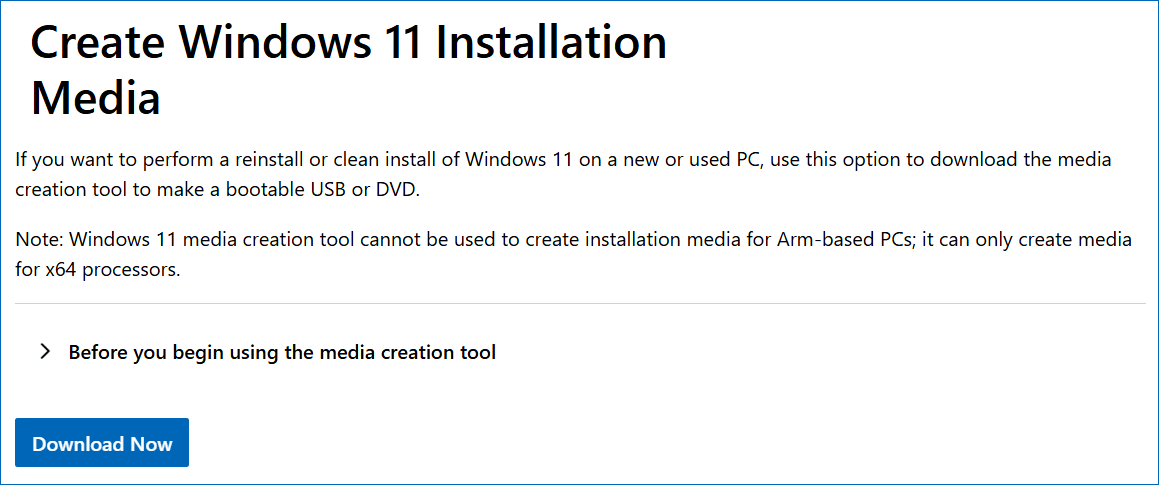 The Create Windows 11 Installation Media section to download Media Creation Tool.