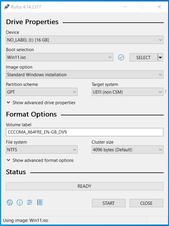 The Rufus window with the selected Windows 11 ISO to create bootable USB.