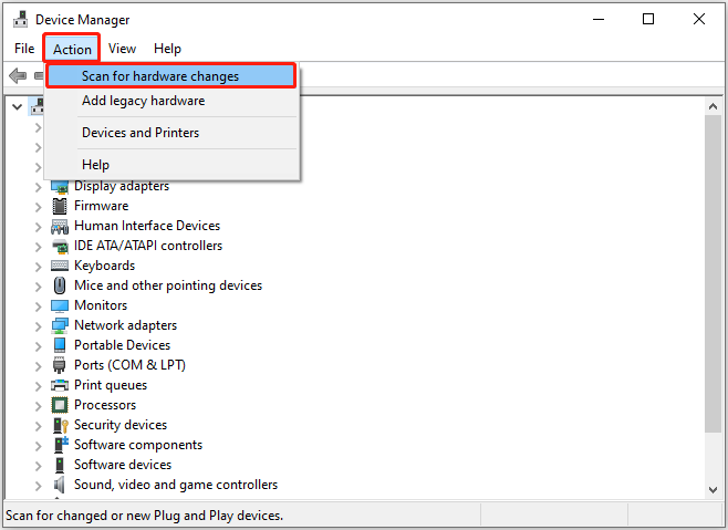 Device Manager interface with the Scan for hardware changes button selected.