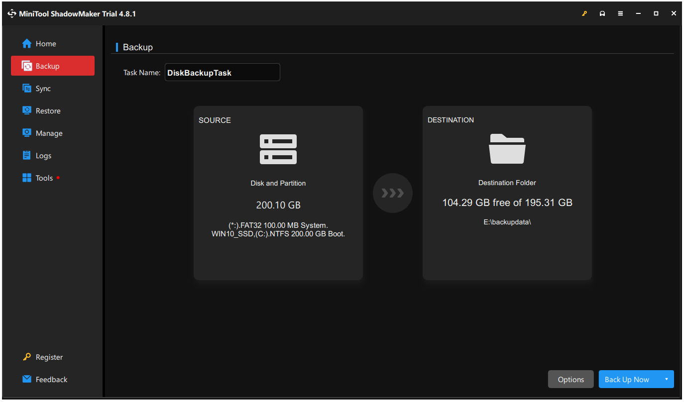The Backup page of MiniTool ShadowMaker.