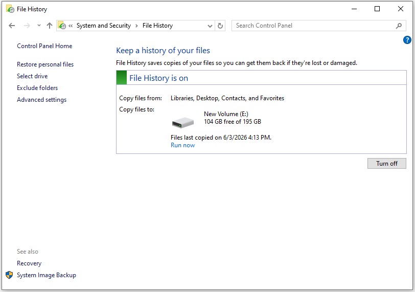 The Interface of File History.