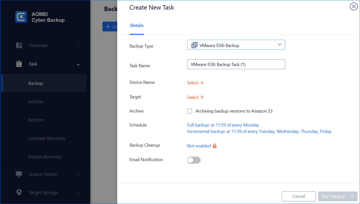 The AOMEI Cyber Backup window.