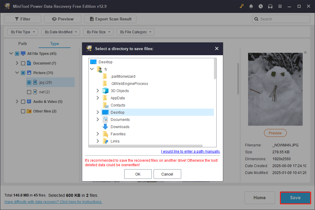 MiniTool Power Data Recovery interface showing the file saving window.