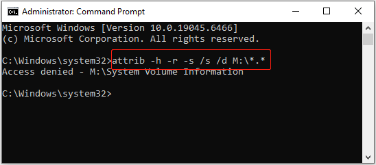 Command Prompt window showing the attrib command to remove hidden attributes on the M: drive.