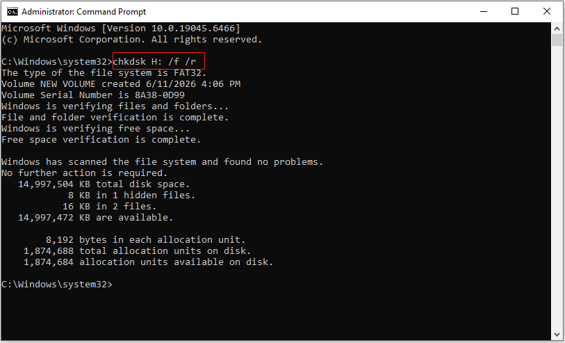Command Prompt window showing the CHKDSK command to repair the drive H:.