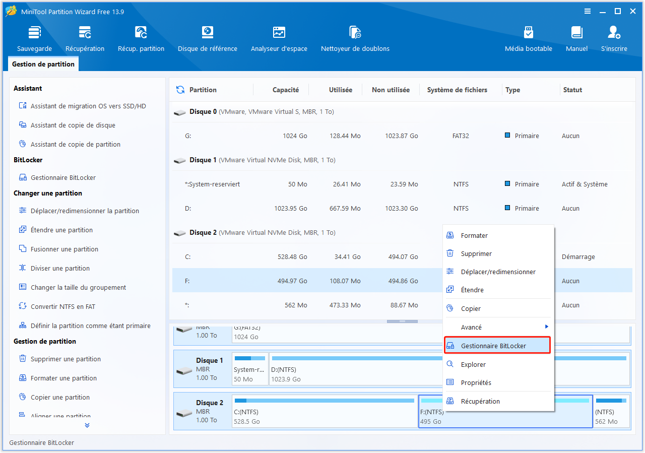 Interface de MiniTool Partition Wizard avec l'option Gestionnaire BitLocker sélectionnée dans le menu contextuel du lecteur mis en surbrillance.