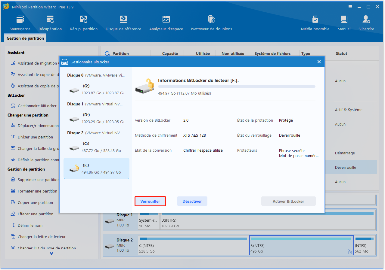 Interface de MiniTool Partition Wizard avec la fenêtre Gestionnaire BitLocker ouverte et le bouton Verrouiller mis en surbrillance.