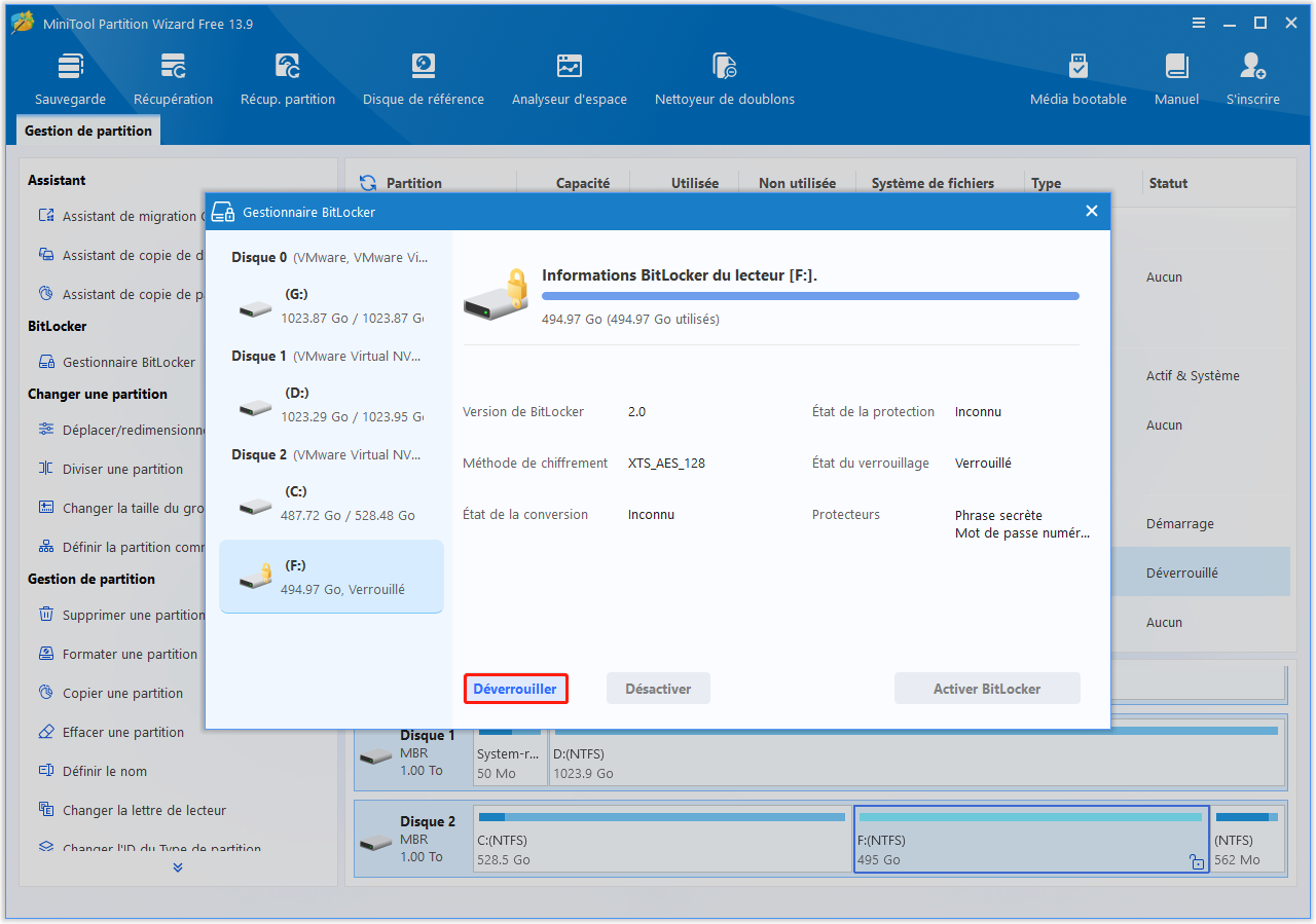 Interface de MiniTool Partition Wizard avec la fenêtre Gestionnaire BitLocker ouverte et le bouton Déverrouiller mis en surbrillance.