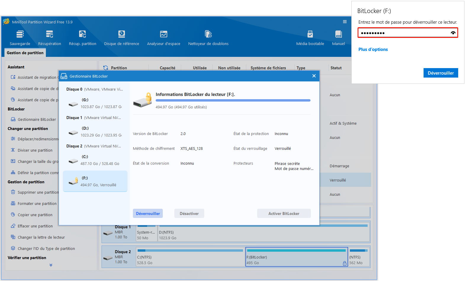 Interface de MiniTool Partition Wizard avec la fenêtre Gestionnaire BitLocker ouverte et une troisième fenêtre en haut à droite pour la saisie du mot de passe.