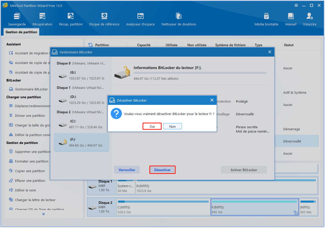 Interface de MiniTool Partition Wizard avec la fenêtre Gestionnaire BitLocker de confirmation de désactivation de BitLocker.