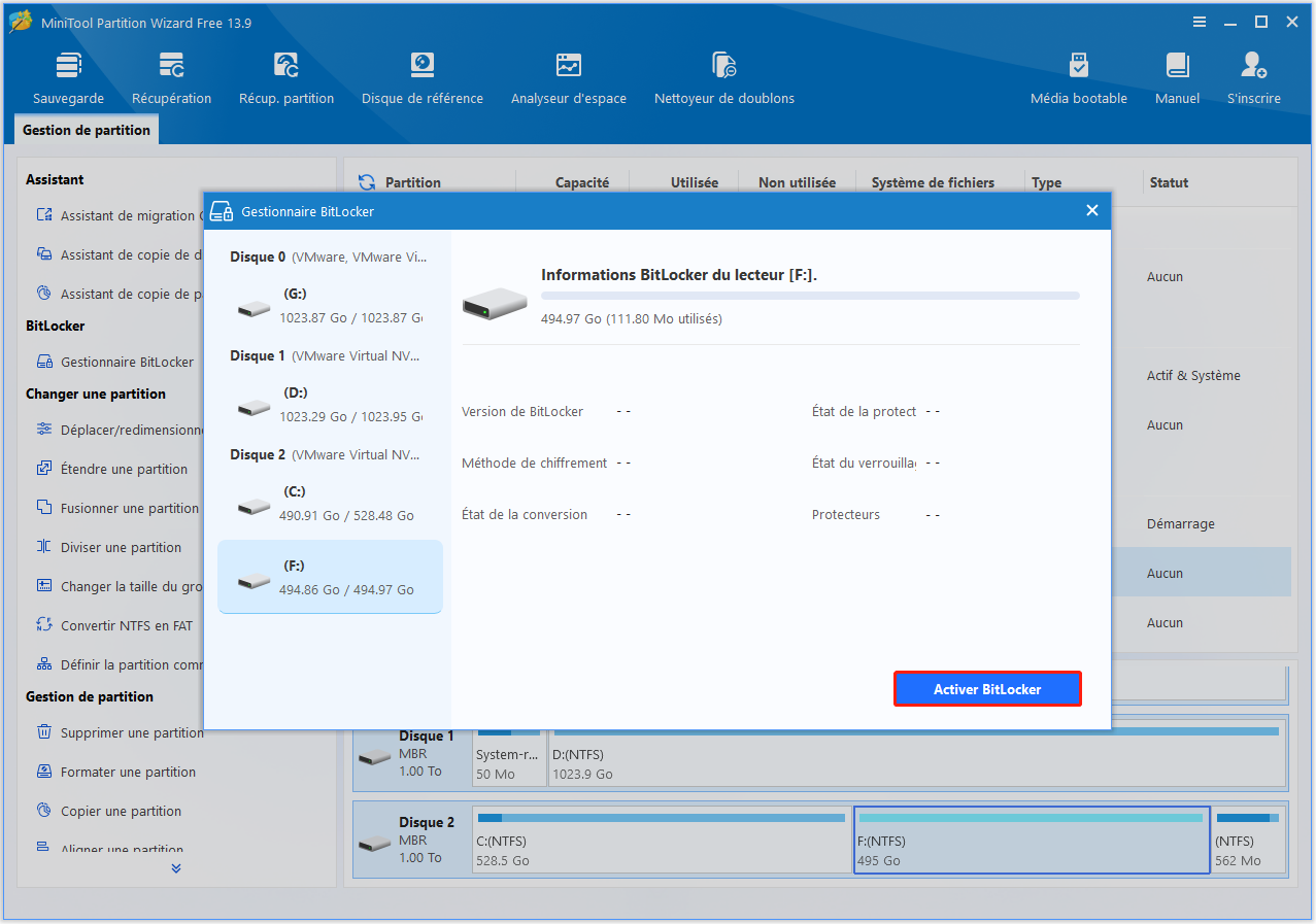 Interface de MiniTool Partition Wizard avec la fenêtre Gestionnaire BitLocker ouverte et le bouton Activer BitLocker mis en surbrillance.