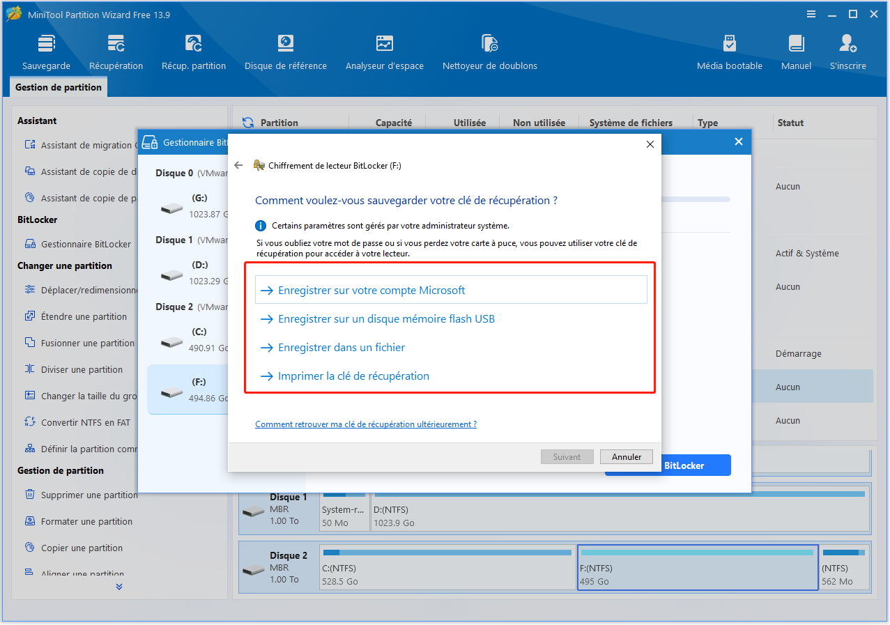 Fenêtre Chiffrement de lecteur BitLocker permettant de choisir une méthode d'enregistrement de la clé de récupération.