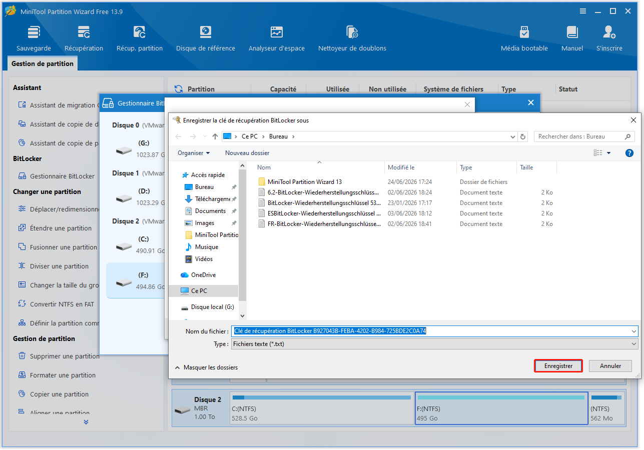 Fenêtre Chiffrement de lecteur BitLocker permettant de sélectionner un emplacement pour enregistrer la clé de récupération.