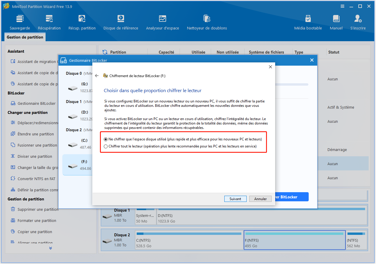 Fenêtre Chiffrement de lecteur BitLocker permettant de choisir la partie du lecteur à chiffrer.
