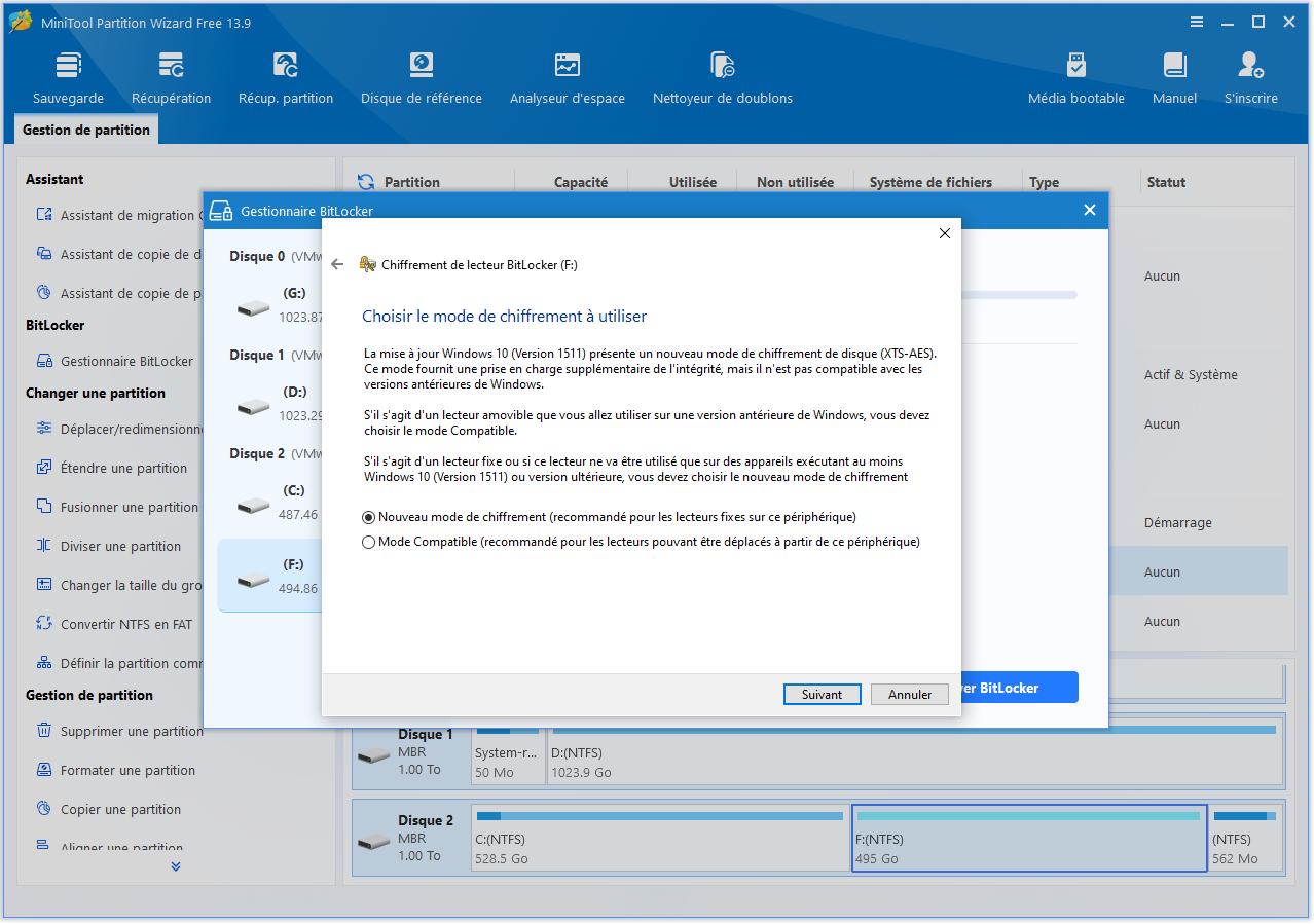 Fenêtre Chiffrement de lecteur BitLocker permettant de sélectionner un mode de chiffrement.