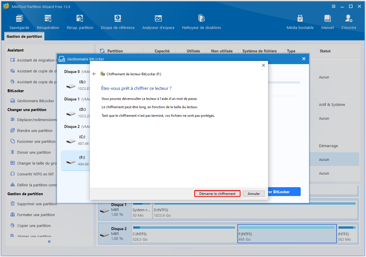 Fenêtre Chiffrement de lecteur BitLocker avec le bouton Démarrer le chiffrement mis en surbrillance.
