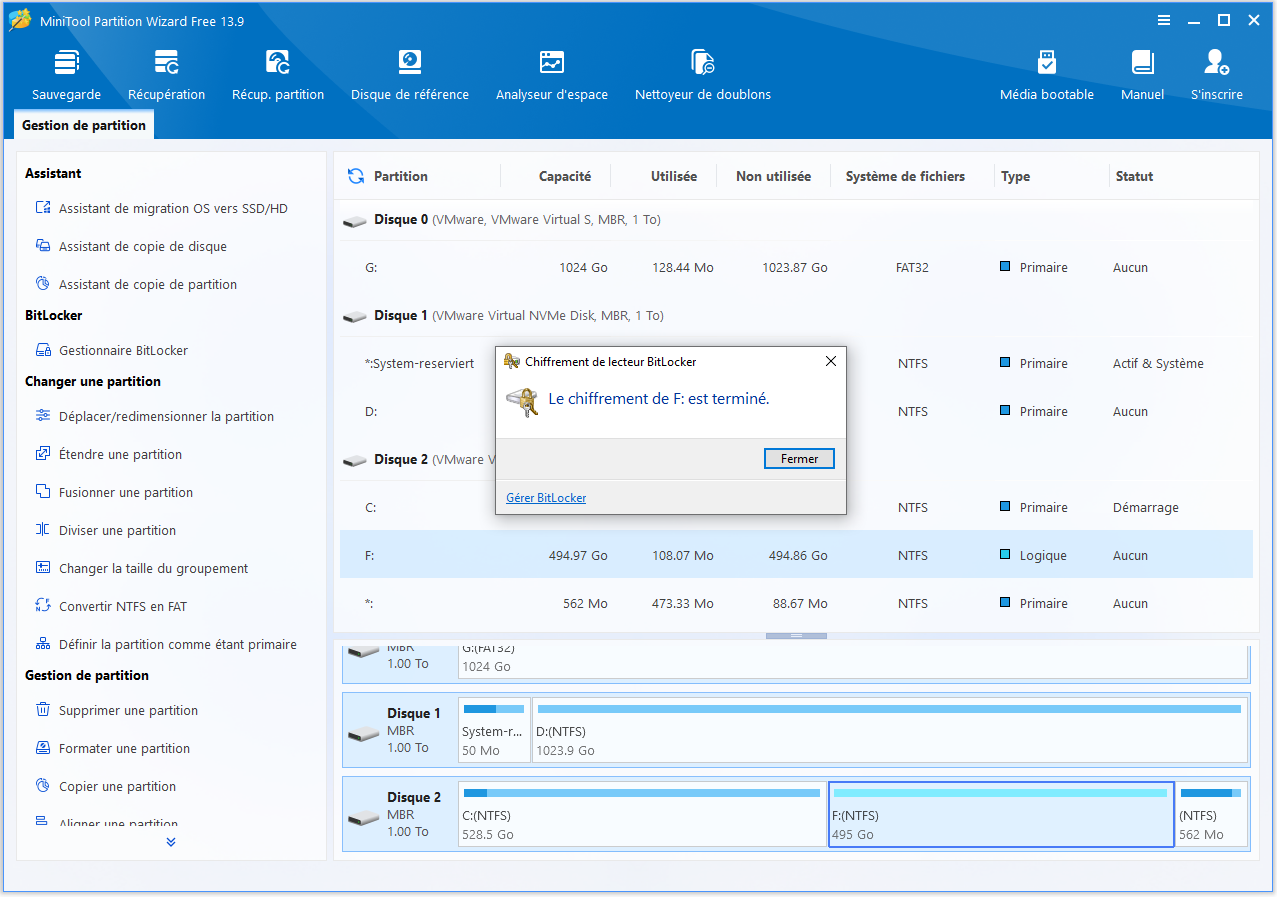 Fenêtre Chiffrement de lecteur BitLocker indiquant que le chiffrement est terminé.