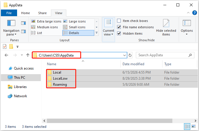 AppData folder in the C drive showing the Local, LocalLow, and Roaming folders inside.