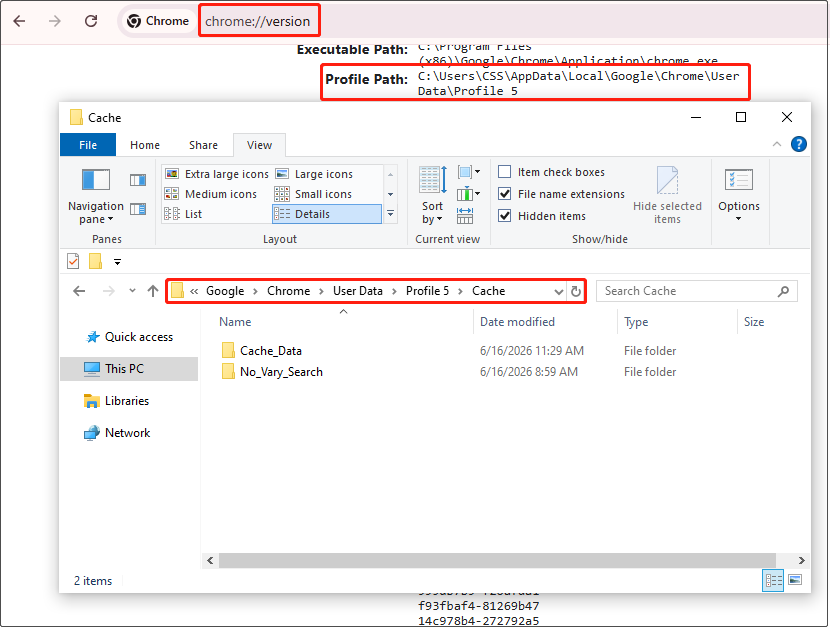 Chrome and File Explorer interfaces showing the profile path and the Chrome cache folder location.
