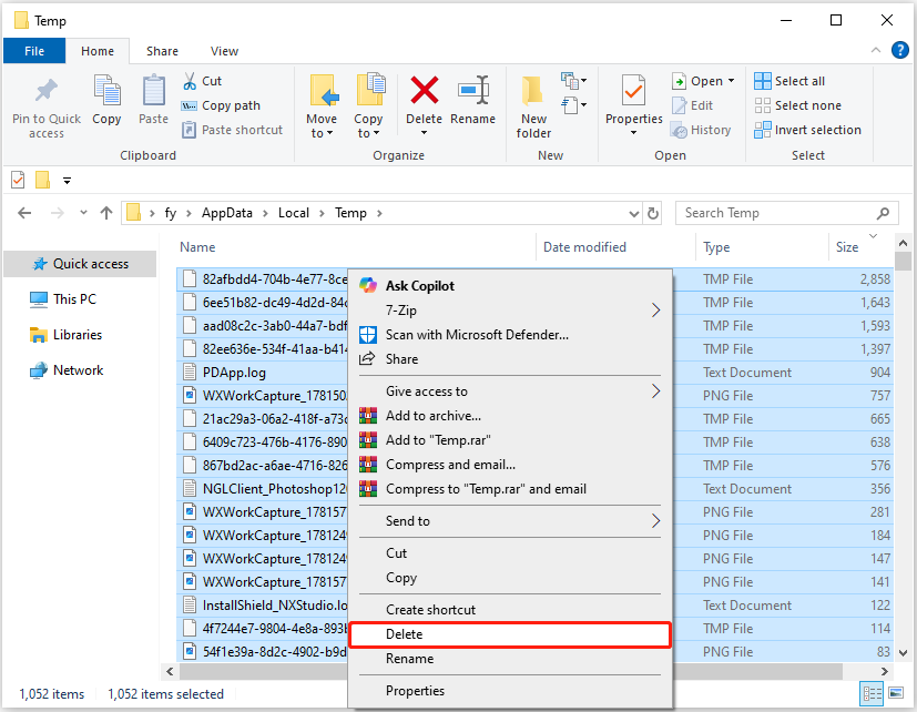 File Explorer showing the Temp folder with temporary files selected for deletion.