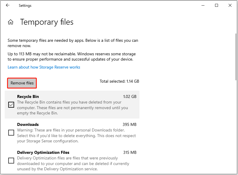 Settings interface showing the Remove files button.