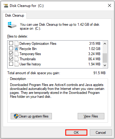 Disk Cleanup interface showing the files selected for deletion.