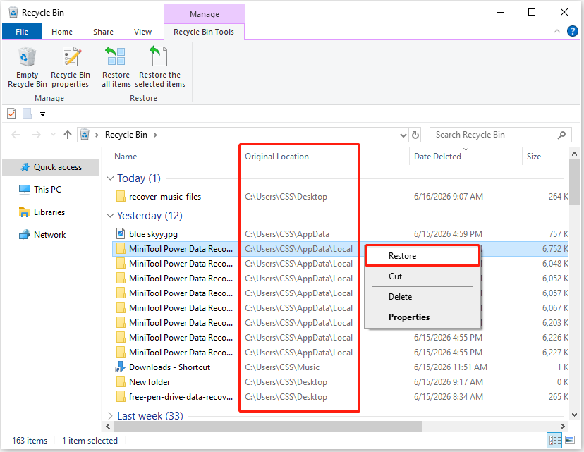 Recycle Bin interface showing deleted files, along with their original locations and the Restore button.