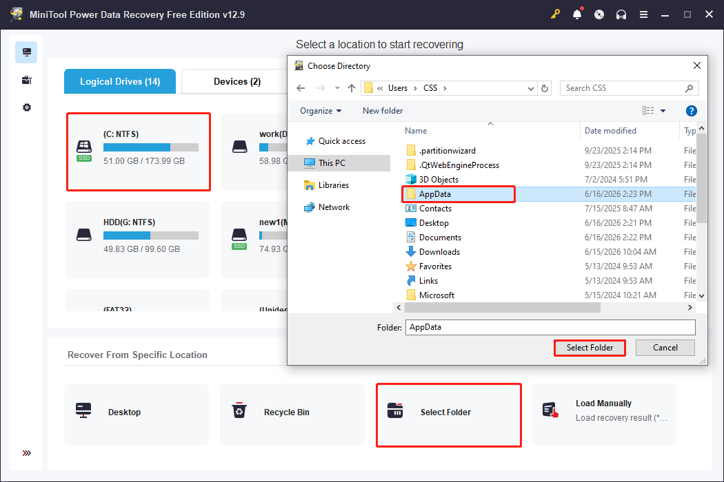 MiniTool Power Data Recovery main interface showing the detected locations for scanning.