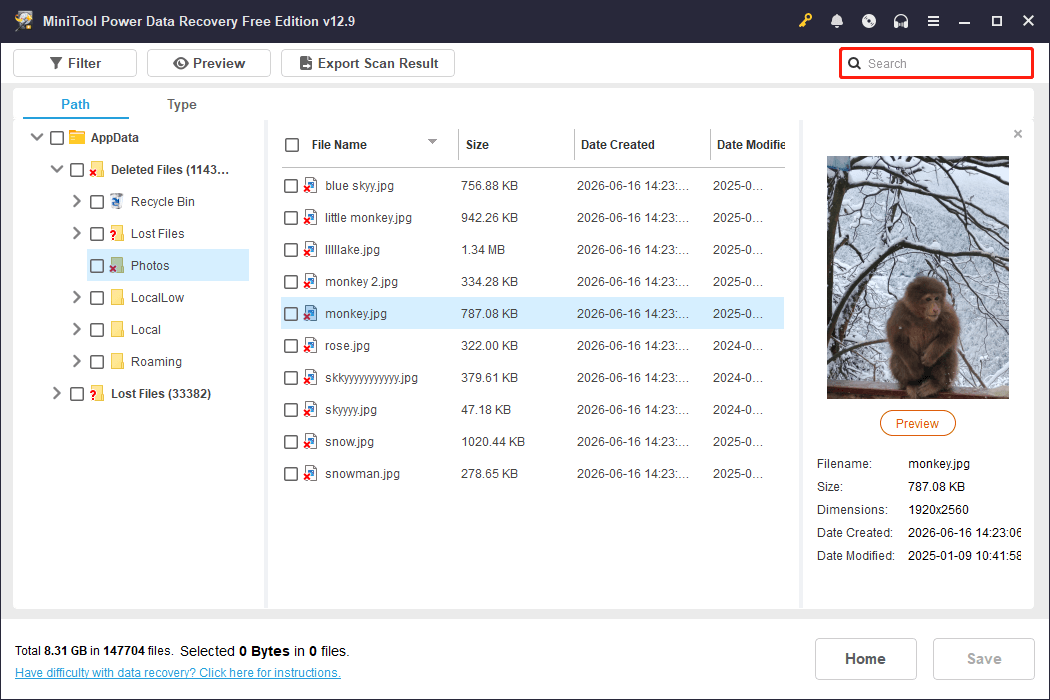 MiniTool Power Data Recovery scan results window showing found files.