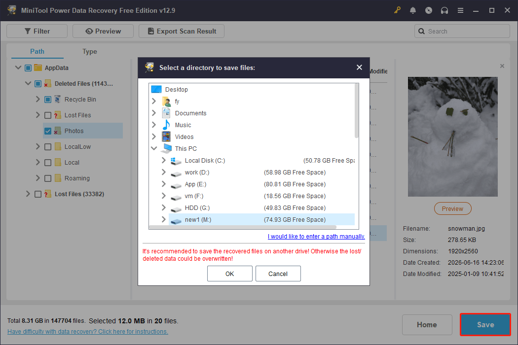 MiniTool Power Data Recovery file saving window showing available save paths.