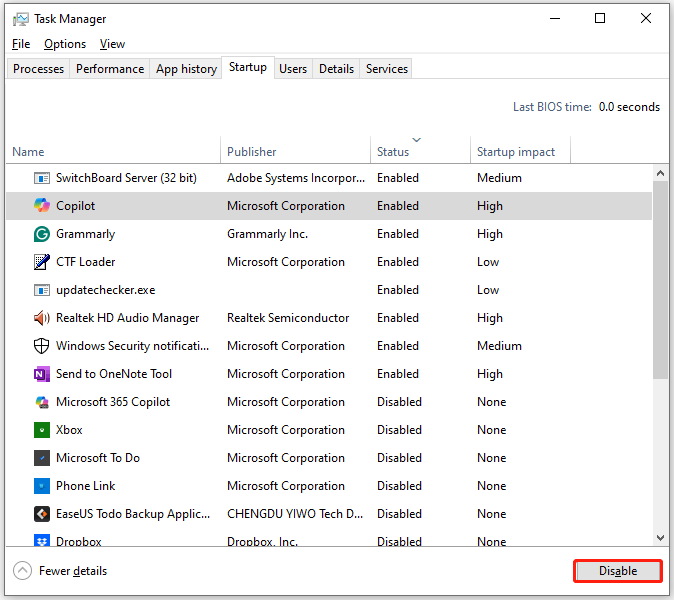 The Startup tab of Task Manager with selected Disable.