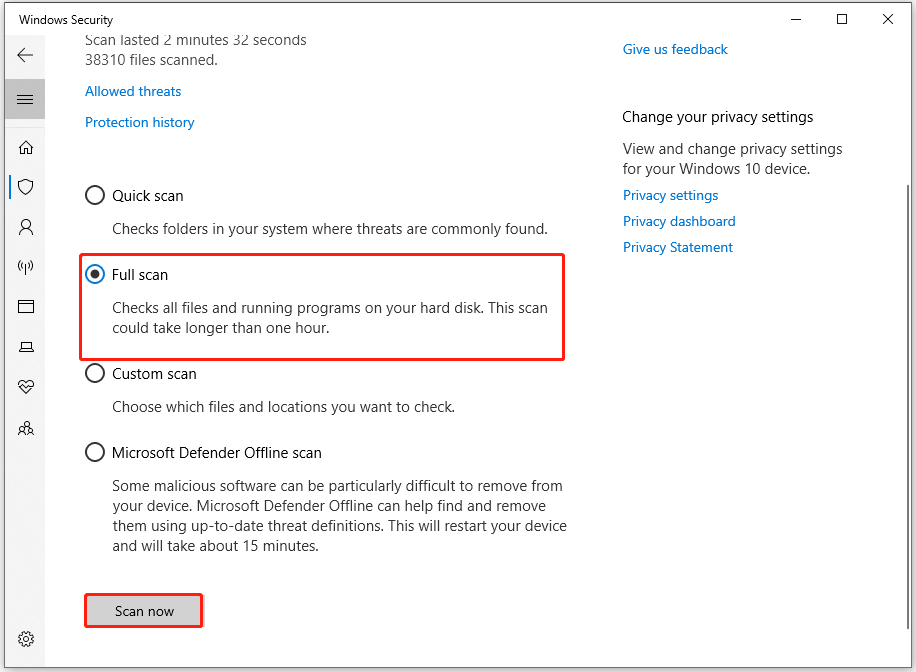 The interface of Windows Security with selected Full scan and Scan now.