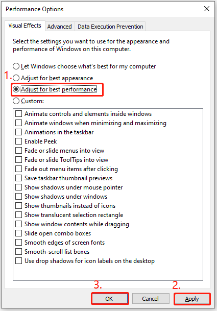 The Performance Options window with checked Adjust for best performance, selected Apply and OK.