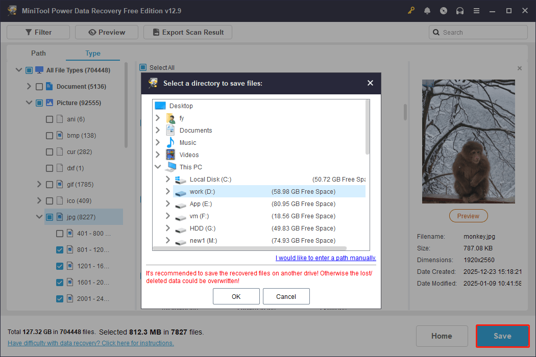 MiniTool Power Data Recovery file saving interface showing several storage paths.