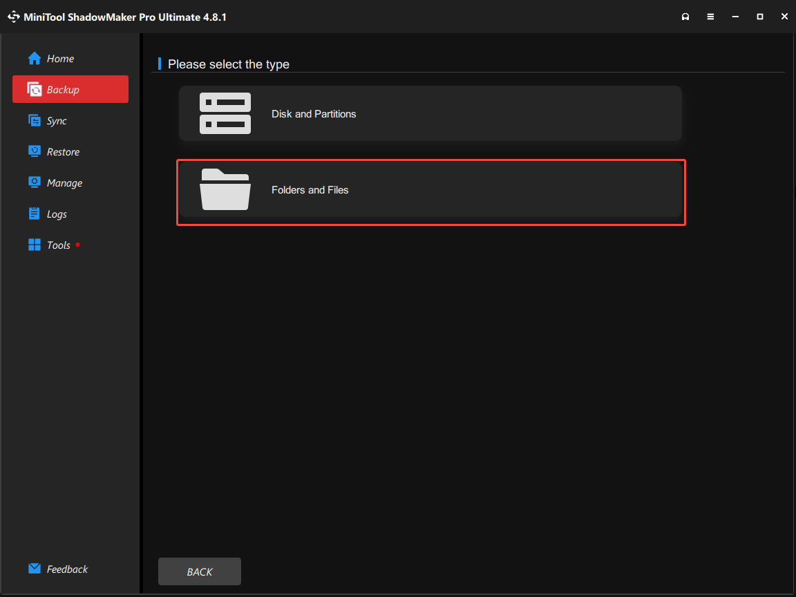 The Backup tab in MiniTool ShadowMaker Bootable Edition for data backup