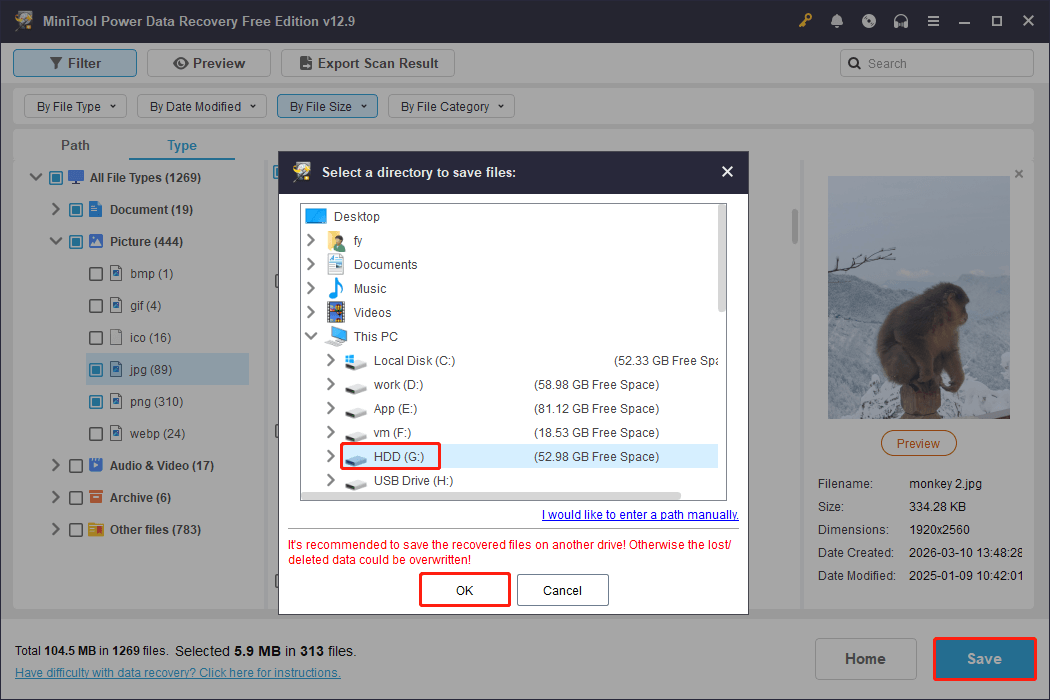 MiniTool Power Data Recovery file saving interface showing storage paths.