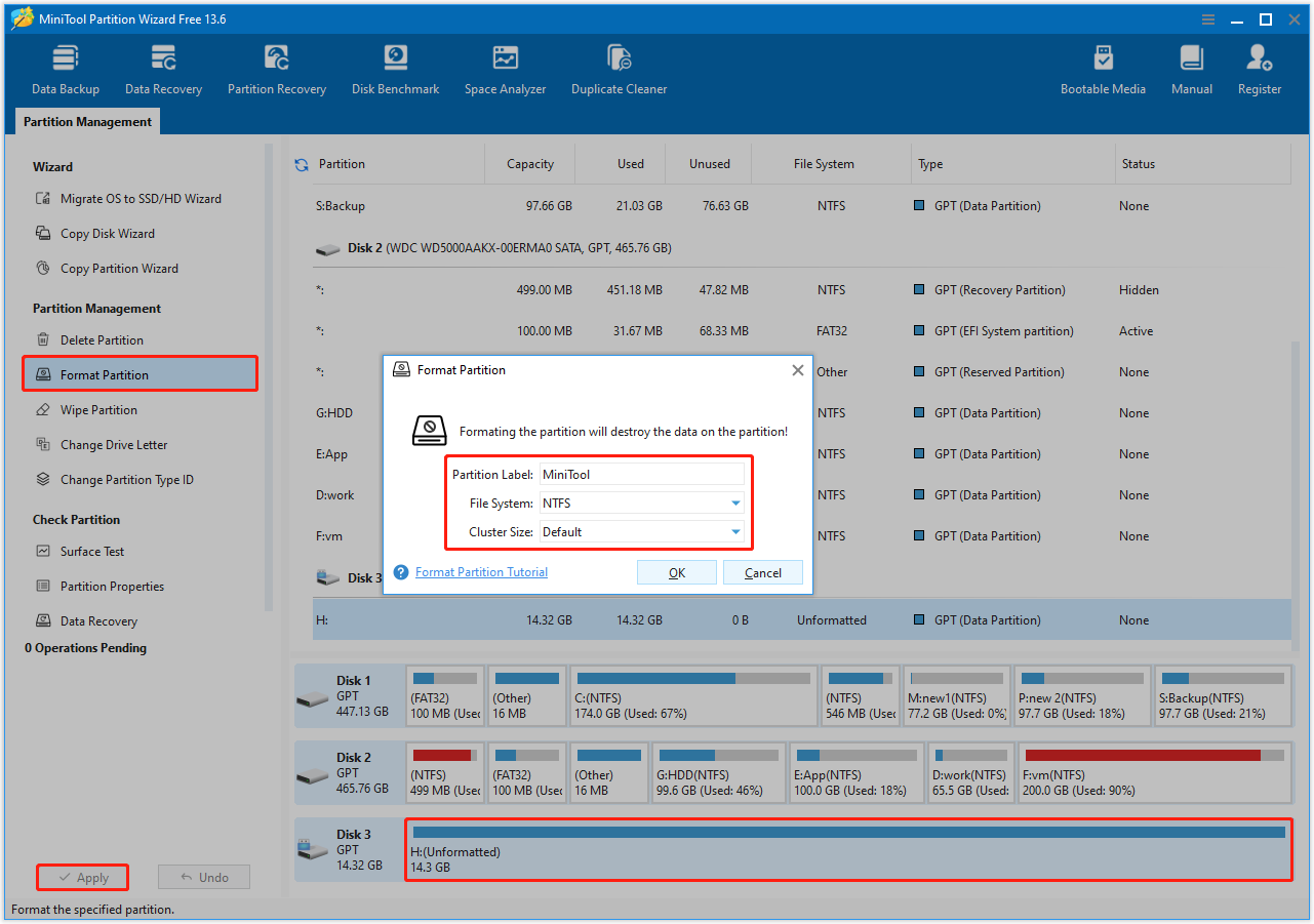 MiniTool Partition Wizard partition formatting interface showing the file system allocation box.