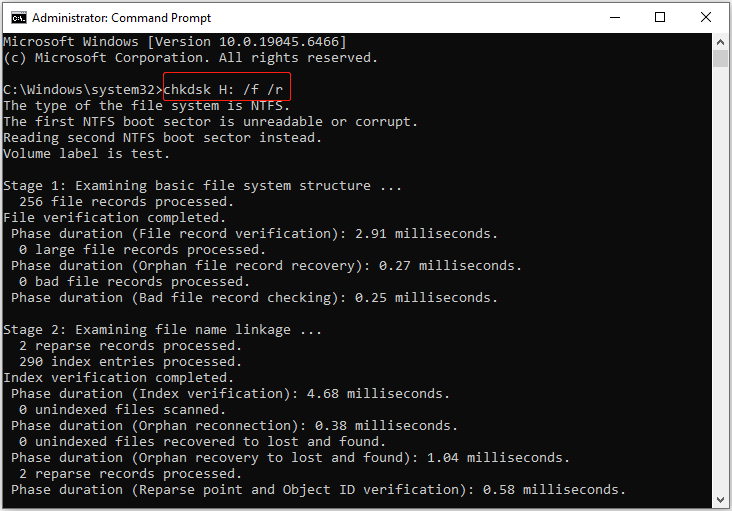Command Prompt window showing the CHKDSK command to repair the drive H:.