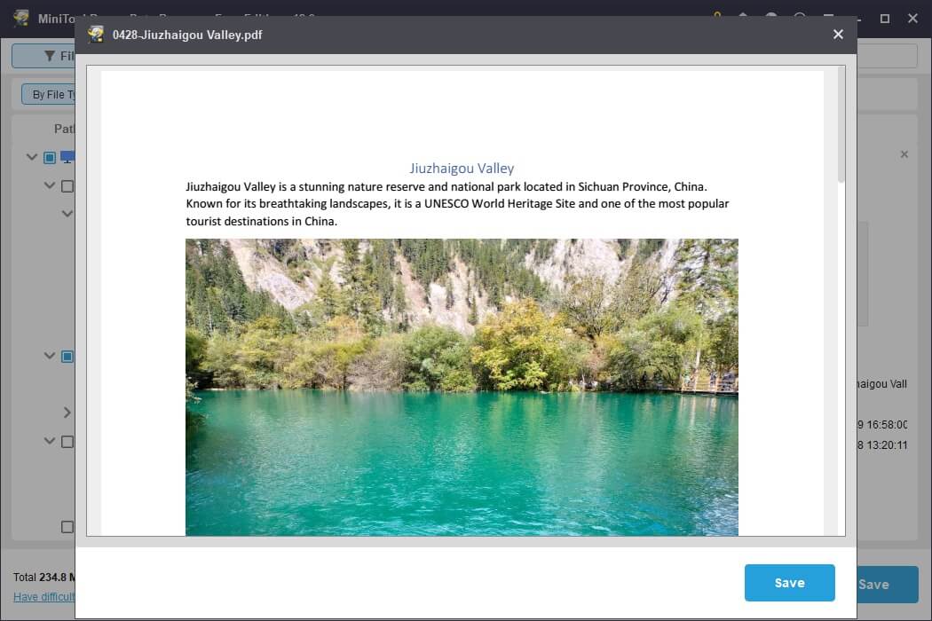 MiniTool Power Data Recovery file preview window showing a Word document.