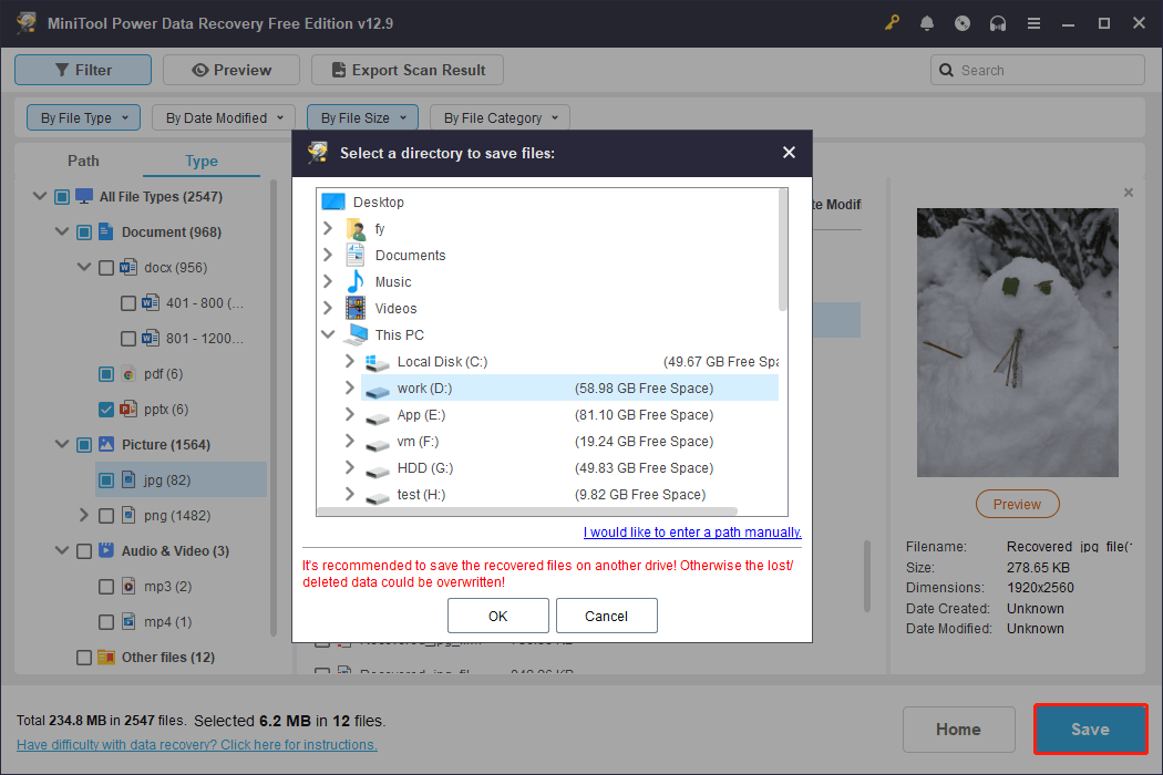 MiniTool Power Data Recovery file saving window showing available storage paths.