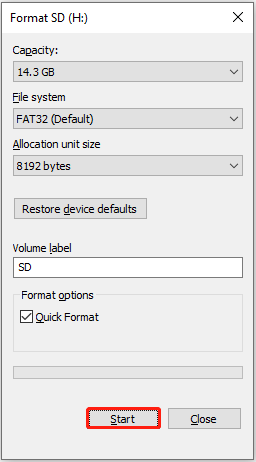 SD card formatting window showing the file system, volume label, and the Start button.
