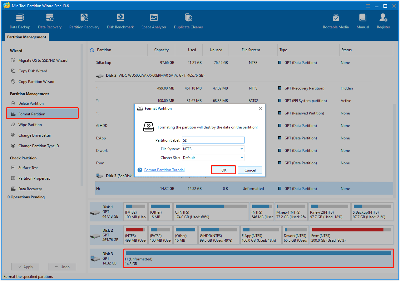 MiniTool Partition Wizard interface showing the Format Partition window.