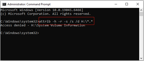Command Prompt interface with the attrib command running on the H: drive to show hidden files.