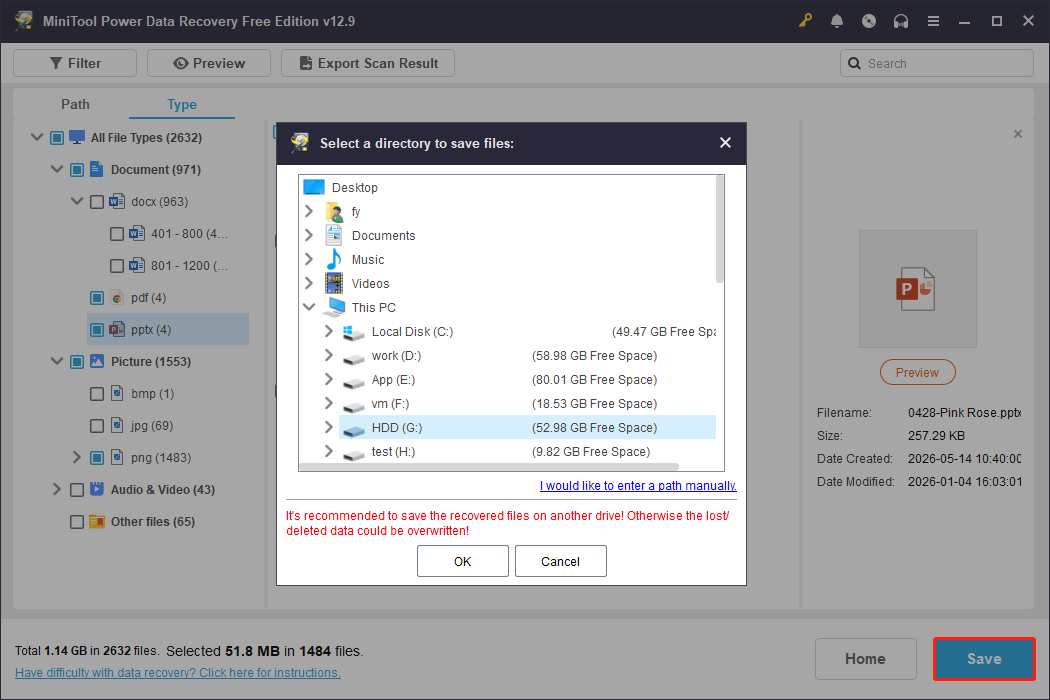 MiniTool Power Data Recovery interface showing available paths to store recovered files.