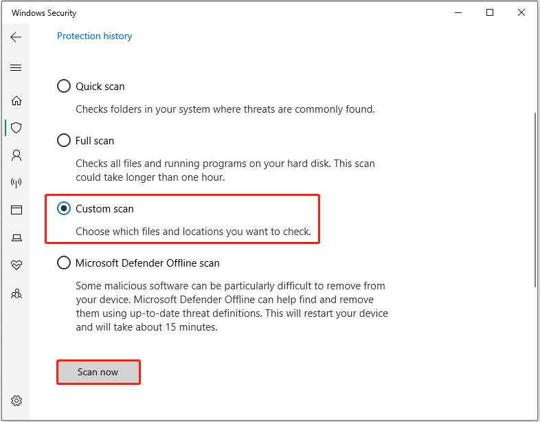 Windows Security interface showing the Custom scan option.