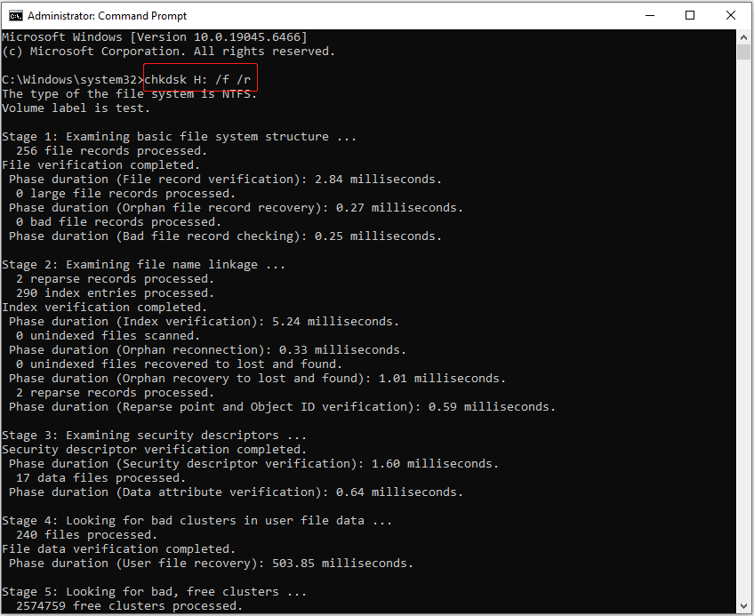 Command Prompt interface showing the CHKDSK command to repair file system errors on the H: drive.